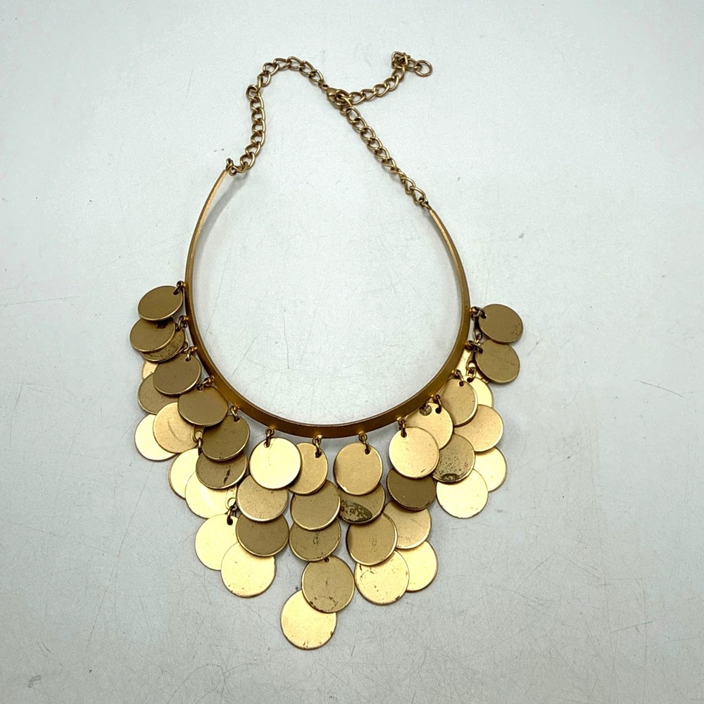 Gold Tone Matte Disc Bib Necklace Rigid Collar Statement Bohemian Dangle